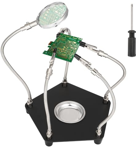 Dritte Hand Löten Löthilfe mit Lupe, Leiterplattenhalter – Professionelles Lötwerkzeug Set mit 5 Flexiblen Armen, Metallbasis & Teileschale für Elektronikreparatur und PCB-Montage