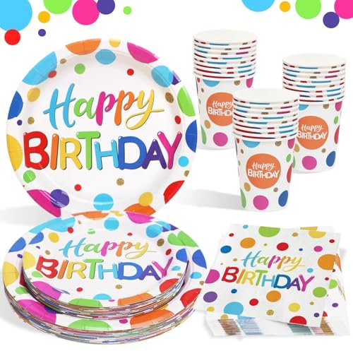 100Pcs Pastel Rainbow Birthday Paper Plates Set for 25 Guests, Colourful Kids Party Plates Cups and Napkins for Colourful Rainbow Party Decorations Family Celebration Afternoon Tea