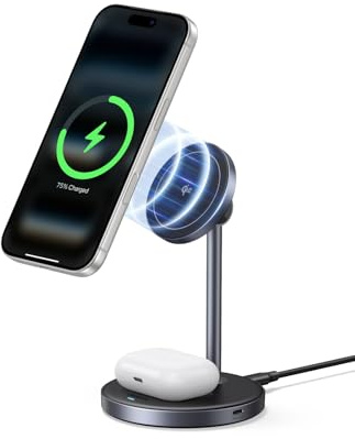 UGREEN MagFlow 15W Qi2 MagSafe Charger Compatible, 2-in-1 Wireless Charger Stand, Fast Magnetic Charger for iPhone 17/16/15/14/13/12, AirPods 4/3/2/Pro 3/2