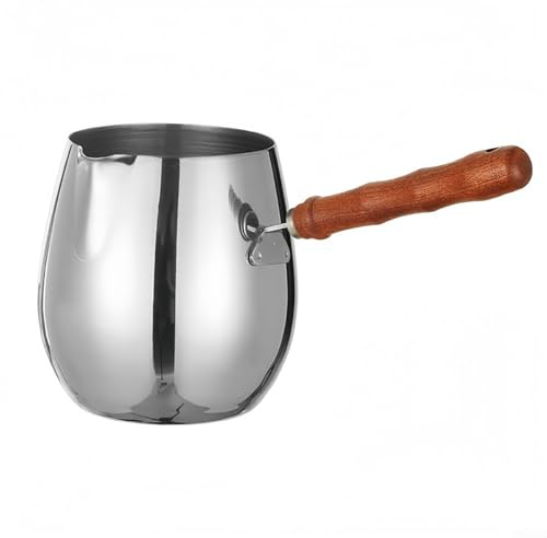 Cafetera turca con boquilla de acero inoxidable por goteo y mango de madera, adecuada para preparar café, calefacción de salsa y derretir chocolate con escala de medición (600 ml)