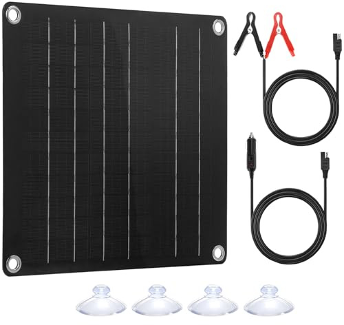 QWORK® Chargeur Solaire 10W 12V Mainteneur de Batterie pour Voiture, Moto, Bateau - Charge d'entretien, Portable avec Allume-Cigare et Pinces Crocodile