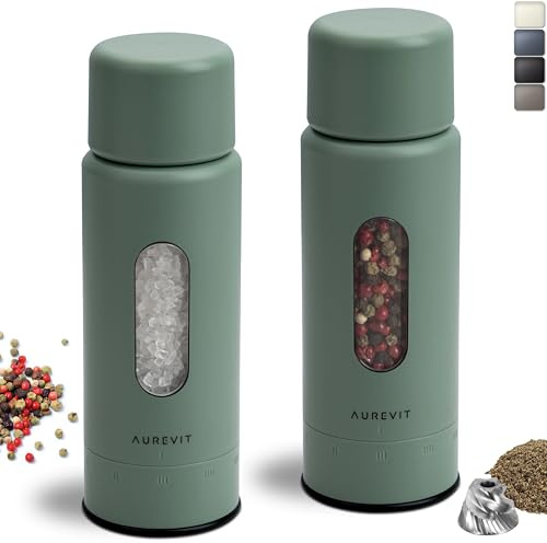 Aurevit Salz und Pfeffermühle Set Manuell, Pfeffer und Salzmühle mit Edelstahlkern & Keramikmahlwerk, Außenliegende Mahlgradeinstellung, Nachfüllbar, Robust & langlebig (2 Stück, Sage)