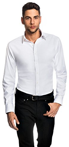 Embraer Herren-Hemd Slim-Fit tailliert bügelfrei 100% Baumwolle Uni-Farben - Männer lang-arm Hemden für Anzug Krawatte Business Hochzeit Freizeit oder unter Pullover weiß 43-44