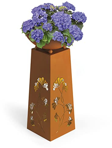 Hoberg LED Pflanzsäule Ginkgoblätter-Design in Rost-Optik | Abnehmbare Pflanzschale (Ø 34cm) In- und Outdoor geeignet | Integrierte Beleuchtung, 6h Timer & kabellos [23 x 23 x 70 cm]