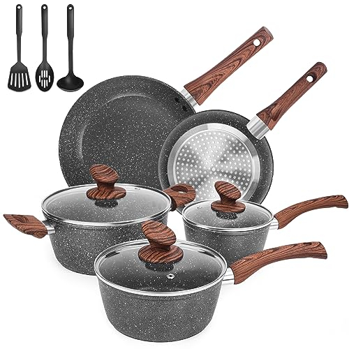 M MELENTA Non Stick Pots and Pans Set, 11 Piece Die-Cast Induction Hob Pan Set, Granite Cookware Set with Frying Pans, Saucepan Set, PFOA Free, Dark Grey