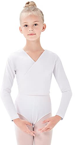 tanzdunsje Balettdans wrap top bomull balett crossover cardigan långärmad för flickor kvinnor, Vitt, 110