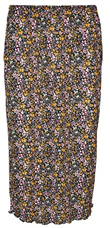 Vero Moda Women's VMJEASY HW Calf Skirt JRS Rock Black/AOP:Cille Radiant Yellow, S, Negro/AOP: Amarillo Radiante, S