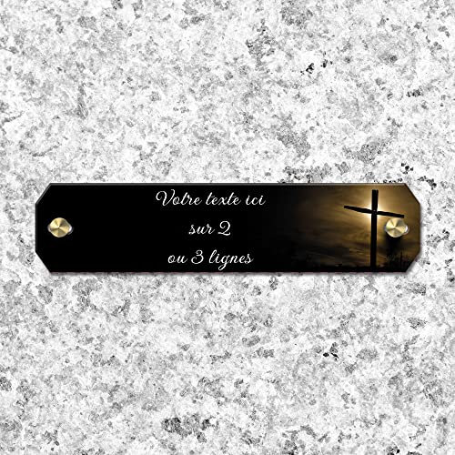 OCAP-FUNERAIRE.COM Inter de Plaque funéraire Personnalisable en plexi Motif Croix chrétienne 03, différentes Tailles, épaisseur 2,5mm, personnalisé sur Plusieurs Lignes 14x3 cm