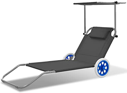 Izrielar Tumbona con 2 ruedas, tumbona de jardín, tumbona de playa plegable con protección solar, tumbona plegable, tumbona reclinable, ruedas reclinable, respaldo ajustable, antracita, gris