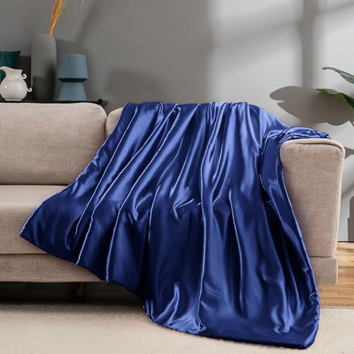 Vonty Satin Throw Blanket, Navy Blue, 60x80 Inches, All Seasons, 100% Polyester, Lightweight, Cable Knit, Ideal for Home, Camping, Hiking