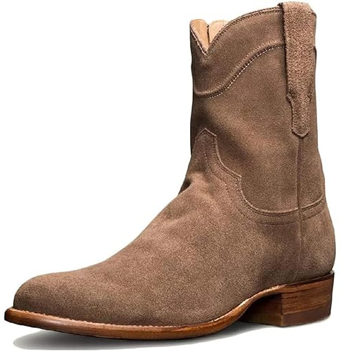 DJFOG Bottes de Chevalier de Motard pour Hommes, Bottes Courtes en Daim, Chaussures d'équitation à Bout Rond, Style Cowboy Occidental Vintage, Grandes Chaussures à Fermeture éclair,Marron,42 EU