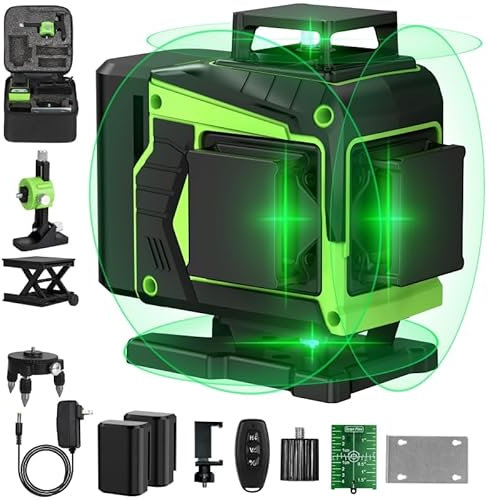 Nivel Laser Autonivelante 360 Grados, 4 x 360 °Nivel Láser 16 lineas,Verde nivel laser 360, 360 Líneas Vertical/Horizontal Conmutables,2 Batería, Control Remoto, Base Magnética,Bolsa Portátil