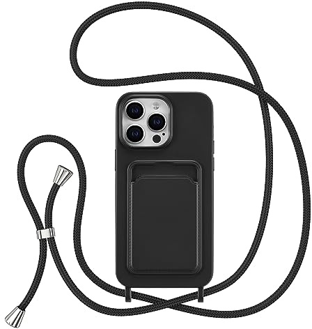 ZTOFERA Mobiltelefonkedja fodral för iPhone 15 Pro Max med korthållare, flytande silikon mobiltelefonfodral med halsband, skyddsfodral med band för upphängning, halsband för 15 Pro Max, svart