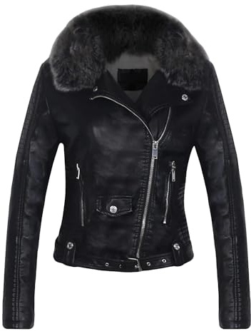 OULIWANGLUO Giacca in pelle da donna con bordo in pelliccia sintetica spessa, antivento, traspirante, in similpelle, sottile, per autunno e inverno, Nero , S