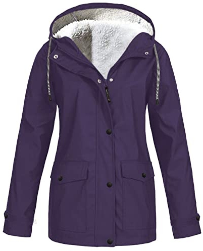 KOG Winterjacke Damen Fleecejacke Wasserdicht Regenjacke Regenmantel Windbreaker mit Kapuze Warme Outdoor Jacken Fahrradjacke Regenjacken Windjacke Wanderjacke Lila L