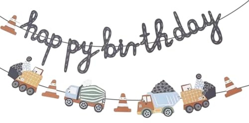 Construction Site Party Chain, Cute Happy Birthday Colourful Vehicles, Birthday Garland Construction Site Boy with Truck Crane Concrete Mixer, Children's Birthday Decoration Hanging Chain for