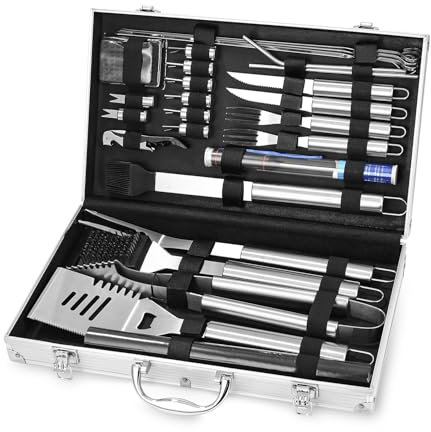 Lot de 28 ustensiles de Barbecue, Barbecue Ustensiles de Gril dans Un Boîtier, Kit d'accessoires de Grillage en Aluminium Acier Inoxydable, Outil de Barbecue Set pour Cadeau Homm Cadeau