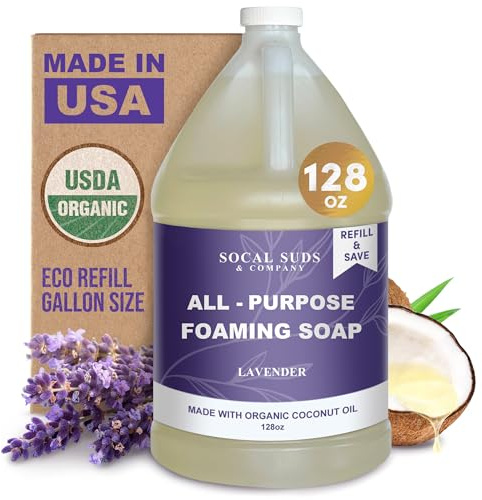 SoCal Suds & Company 128oz Certified Organic Foaming Hand & Body Wash - Gentle Natural Body,Baby & Face Wash for Sensitive Skin, Moisturizing Soap, Hand Soap and More - Lavender