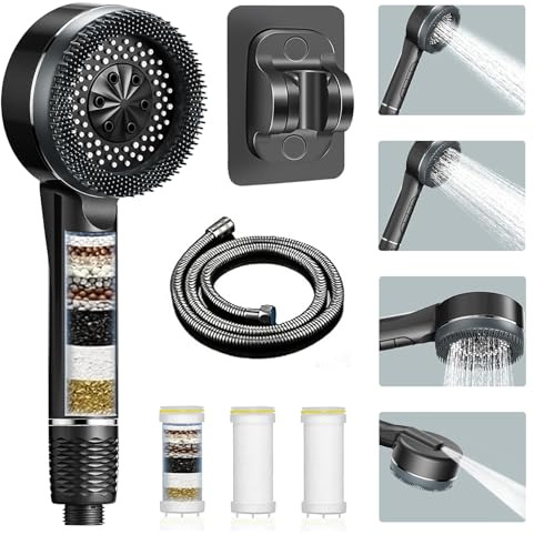 Cabezal de Ducha Alta Presión con Filtro Antical – 4 Modos Ajustables, Efecto SPA, Ahorro de Agua, con Manguera 1.5 m y Soporte sin Taladro, Ducha de Mano para Baño Moderno
