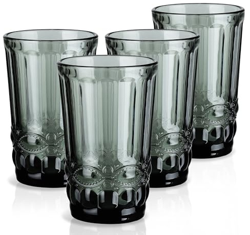 Joeyan 410ml Grigio Bicchieri da Acqua in Vetro Colorati, Set di 4 Tumbler alto con Rilievo Per Acqua Gassata,Aperitivo,Succo di Frutta e Bibite,Design Vintage, Lavabile in Lavastoviglie