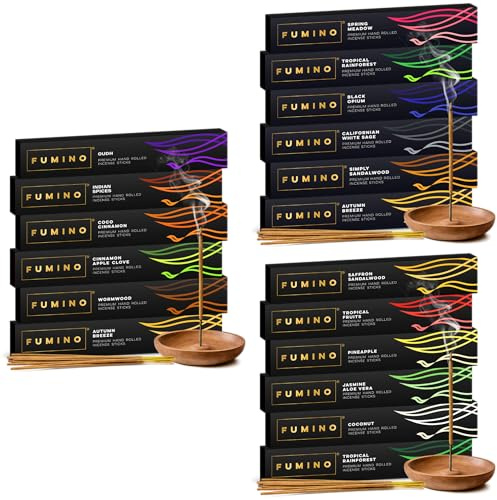 Fumino Incienso Varillas –Paquete múltiple 18 Cajas con 252 Varillas Masala Agarbatti Naturales para Relajación y Meditación (90 g)