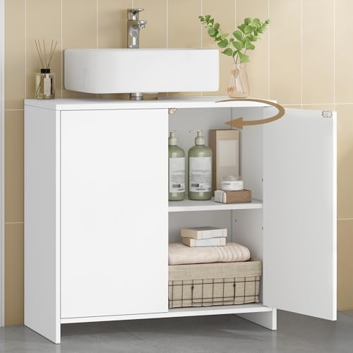 Hzuaneri Mueble Bajo Lavabo, Armario de Baño, 2 Cajones, Estantes Ajustables, Amplio Espacio de Almacenamiento, Mueble de Tocador Independiente, Estilo Moderno, 30 x 60 x 60 cm, Blanco BC00603X