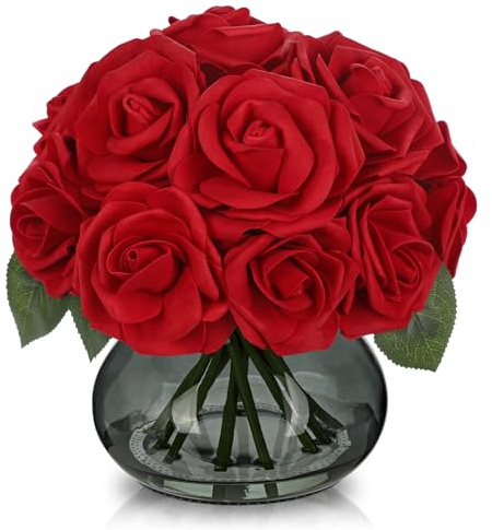 Hollyone Red Roses Artificial Flowers in Vase Silk Fake Rose Bouquet Flowers Floral Arrangements with Glass Vase with Faux Water for Home Bathroom Office Table Centerpiece Shelf Decorations