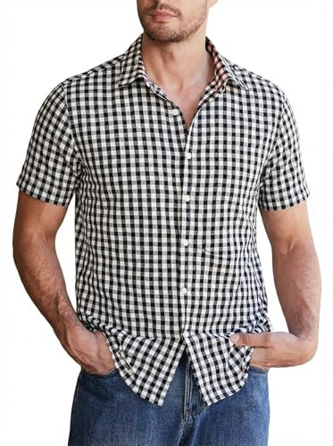 Halfword Camisa a Cuadros Hombre Manga Corta Algodón Popelín Botones Trabajo Transpirable Vacaciones de Verano Corte Elegante e Informal