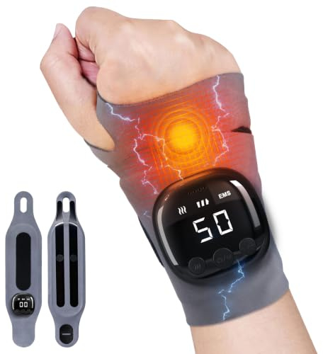 HSYFUNA EMS & TENS Sans Fil Masseur de Poignet avec Chauffage | 3 Niveaux de Chaleur, 5 Modes & 9 Intensités, Masseur de Main pour L’arthrite et le Soulagement du Canal Carpien