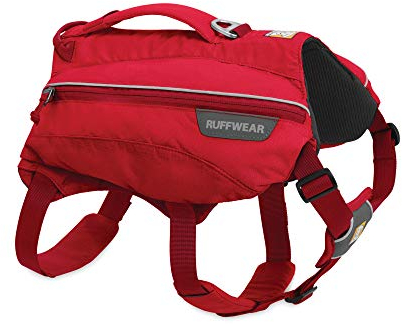 RUFFWEAR Trinkrucksack für Hunde, Inklusive 2 x 600 ml Wasserflasche, Kleine Hunderassen, Größenverstellbar, Größe: S, Rot (Red Currant), Singletrak Pack