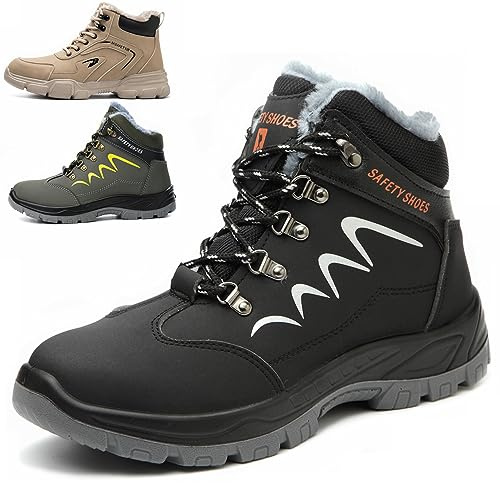 NACKINg Chaussures de Sécurité Hommes Femmes Imperméable Hiver Basket de Securite Embout Acier Protection Bottes Chaussures de Travail Antidérapante Chaudes, Noir, EU 42