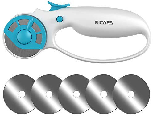 NICAPA Cortador Giratorio de 45 mm para Tela con Bloqueo de Seguridad Cortador Giratorio ergonómico clásico y cómodo para Hacer Manualidades, Coser Acolchados (5 Hojas de Repuesto Incluidas)