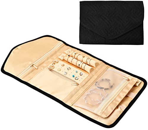 Jinlaili Rotolo Portagioie Donna, Organizzatore Gioielli da Viaggio, Borsa Gioielli Pieghevole, Borsa Rotolo Gioielli in Pelle, Portagioie Rotolo per Orecchini Anello Bracciali Collana Spille (Nero)