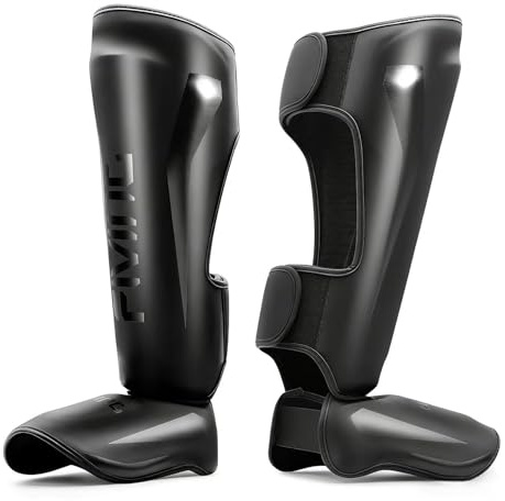 FIVING MMA Martial Arts Shin Guards – Padded, Adjustable Muay Thai Leg Guards with Instep Protection for Kickboxing Training and Sparring – Durable, Professional MMA Equipment (BLACK, XL)
