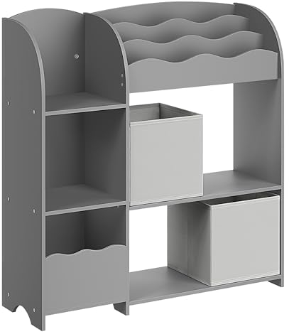 SONGMICS Scaffale per Giocattoli, Libreria per Bambini, Mobile Cameretta con 2 Ceste Portagiochi, Stanza dei Giochi, Soggiorno, Grigio Tortora GKR042G01