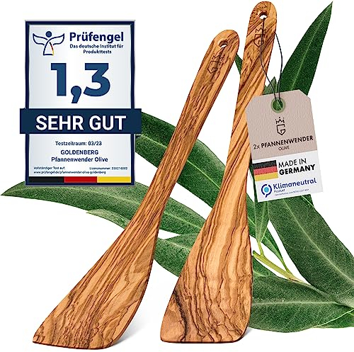GOLDENBERG® Spar Set - Premium Pfannenwender - Made in Europe - feinstes Olivenholz aus Italien - robust, langlebig & antibakteriell - Holzschaber - Pfannenwender Holz