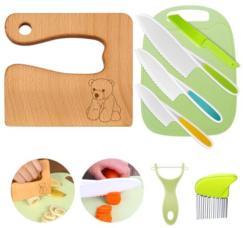 Kindermesser 8-teiliges Kinder-Küchenmesser-Set zum Schneiden und Kochen von Obst oder Gemüse für Kleinkinder, inklusive Holzmesser Schneidebrett Schäler(Bear)