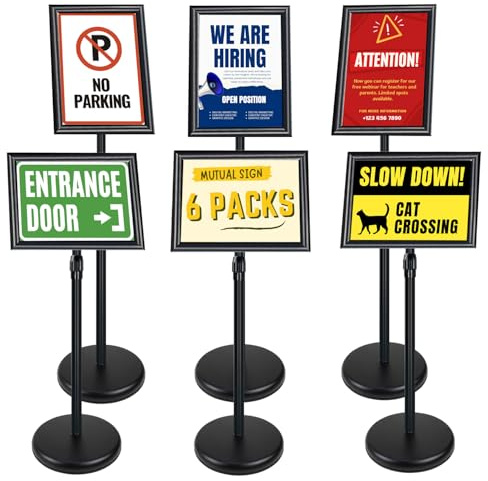 Mutualsign Set di 6 Supporti Porta-Manifesti A4 Regolabili, Espositori da Pavimento in Alluminio per Menu, Pubblicità Sostituibile con Base Stabile (Nero)