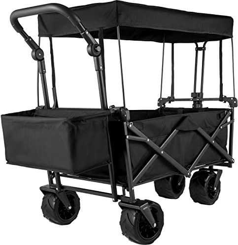 VEVOR Bollerwagen Faltbar, 92,7 x 54,3 x 98,5 cm Handwagen Faltbar, Schwarzer Gerätewagen Handwagen bis 100 kg Tragkraft Transportwagen, Gartenanhänger mit Dach Transportkarre Gerätewagen