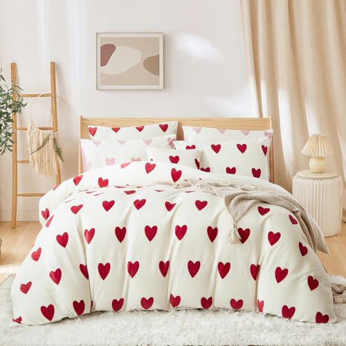 Covebett Flanell Bettwäsche 135x200 Weiß mit Roten Herzen Winter Warm Fleece Plüsch Winterbettwäsche Cashmere Touch Coral Fleece Flauschig Bettbezug mit Reißverschluss und 1 Kissenbezug 80x80cm
