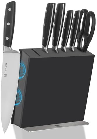 Set di Coltelli da 7 Pezzi con Blocco Magnetico in Legno e Coltelli da Chef Professionali in Acciaio Inossidabile a Lama Codolo Intero con Manico Monolitico Resistente, Lavabili in Lavastoviglie.