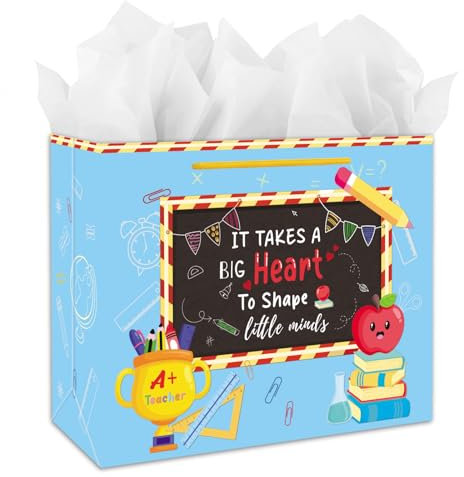 JUESMOS Geschenktüten für Lehrer, 33 cm, Geschenktüte für Lehrer, Geschenktüte mit Seidenpapier, Dankeschön, Lehrertasche für Abschluss, Ruhestand, Lehrer, Wertschätzung, Papiertüten mit Griffen