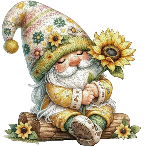 Gnome Wooden Puzzles for Adults, 300pcs Gnome Wooden Jigsaw Puzzles for Adults, Sunflower Unique Shaped Jigsaw Puzzles Creative Gift for Friend Family Game Large Size 15'' x 14.1''