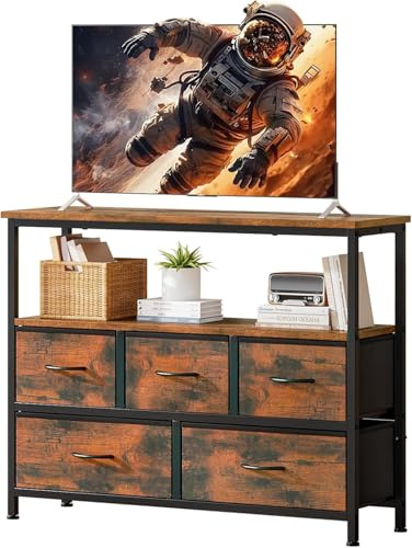 Taotigzu TV Stand with 5 Fabric Drawers and 2 Open Shelves, Industrial Style Media Unit for Living Room, 100cm Wide TV Cabinet for TVs up to 65 inch, Entertainment Centre with Storage(Brown)