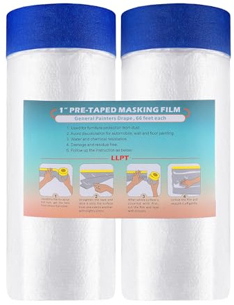 LLPT Tape and Drape Pre-Taped Masking Film 2 Packs-90cm(Unfolded) x 20m | Blue Washi Versatile Painter's Plastic Dust Sheets for Auto Wall Furniture Painting and Spraying Protection