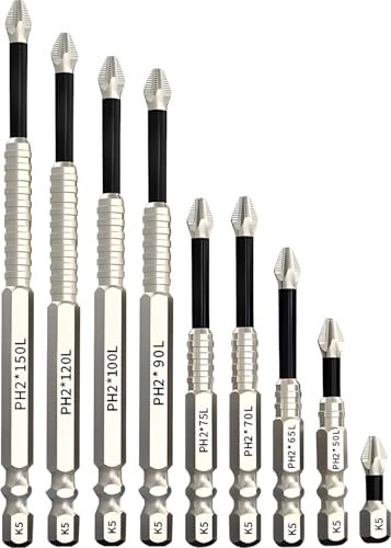 Lot de 9 embouts magnétiques antidérapants pour visseuse à percussion, perceuse sans fil, outil manuel - Kit d'embouts de tournevis (25 mm, 50 mm, 65 mm, 70 mm, 75 mm, 90 mm, 100 mm, 120 mm, 150 mm)