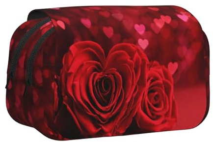 SATUSA Red Rose Print Pencil Case Large Capacity Pen Pouch Pencil Bag with 2 Compartments Pen Holder Organizer Stationery Bag