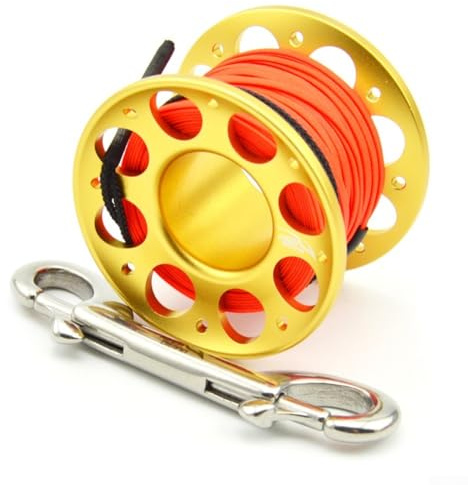 Besttoolifes Carrete de buceo de 15 m/30 m, gancho de buceo subacuático de aleación de aluminio con polifibra y línea, carrete de acero inoxidable 316 de alta resistencia para aviación (15 m dorado)