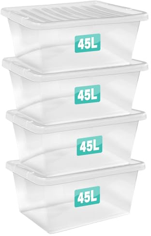 Optimal Products 4 x 45 Litre Storage Boxes With Lids Set of 4, Clear Multipurpose Nestable Stackable Plastic Storage Box With Lid Clear Containers For Home, Kitchen, Garage, Office, Accessories