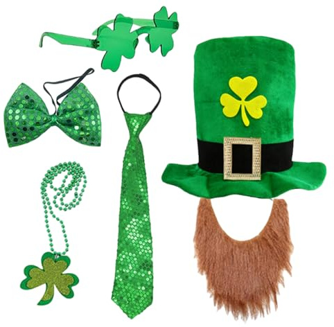 GWAWG Lot de 6 chapeaux haut-de-forme de leprechaun avec barbe roux, chapeau de la Saint-Patrick avec nœud papillon, cravate, lunettes de trèfle et collier, accessoires de la Saint-Patrick, chapeau